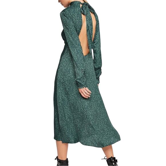 Free People Loveless Printed Green Satin Backless A Line Midi Dress Size 2 - Picture 1 of 14